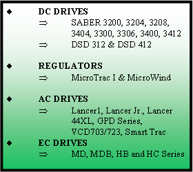 Text Box: DC DRIVESSABER 3200, 3204, 3208, 3404, 3300, 3306, 3400, 3412DSD 312 & DSD 412REGULATORSMicroTrac I & MicroWindAC DRIVESLancer1, Lancer Jr., Lancer 44XL, GPD Series, VCD703/723, Smart TracEC DRIVESMD, MDB, HB and HC Series
